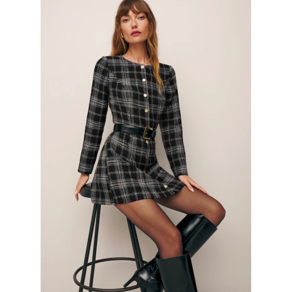 Reformation Oliana Dress Black White Plaid Tweed Metallic Mini Size 2